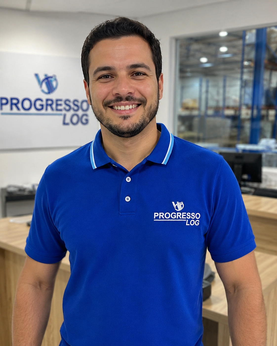 Homem sorrindo vestindo uniforme empresarial azul da Progresso Log